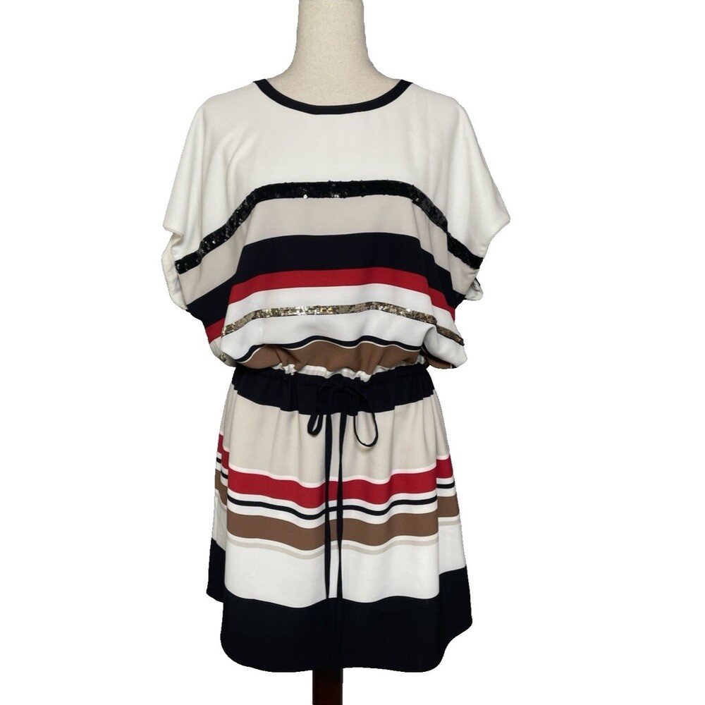 DKNY womens colorblock dress NWOT sequins cinch waist lined drawstring XL party